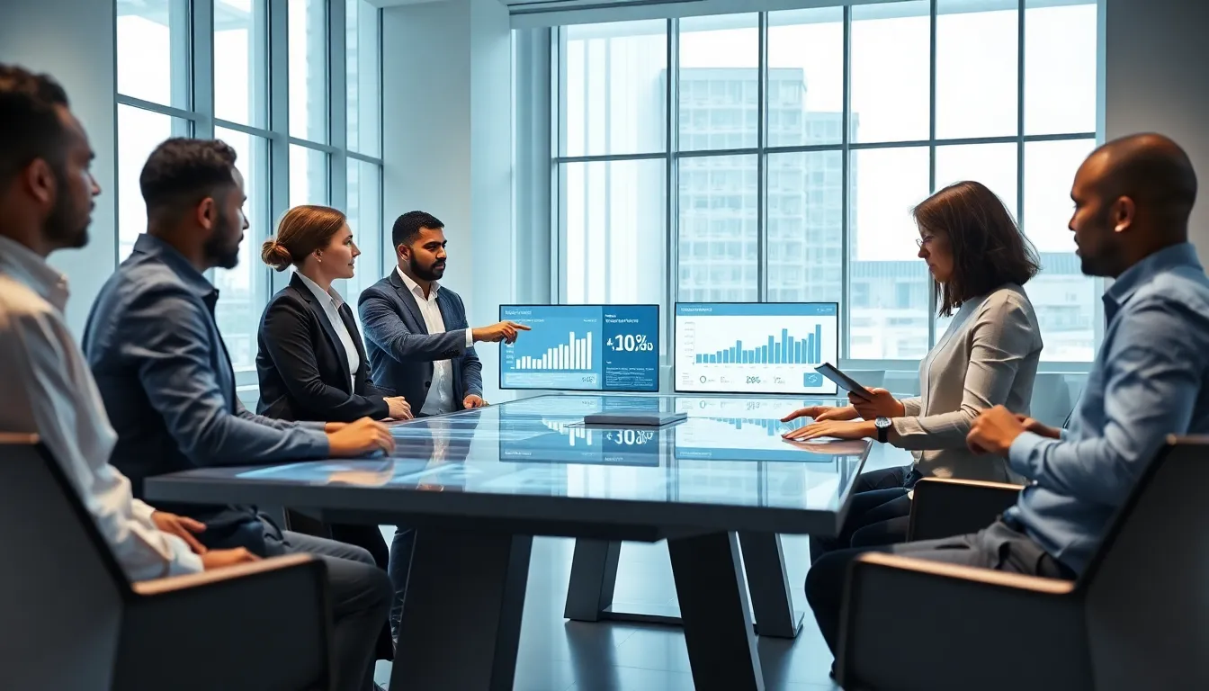 professionals collaborating in a modern office showcasing smart building technology.