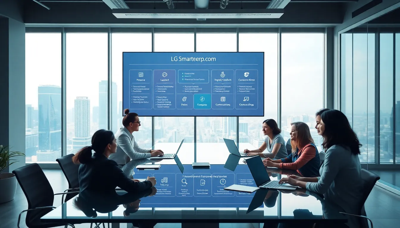 professionals collaborating on cloud-based ERP software in a modern office.