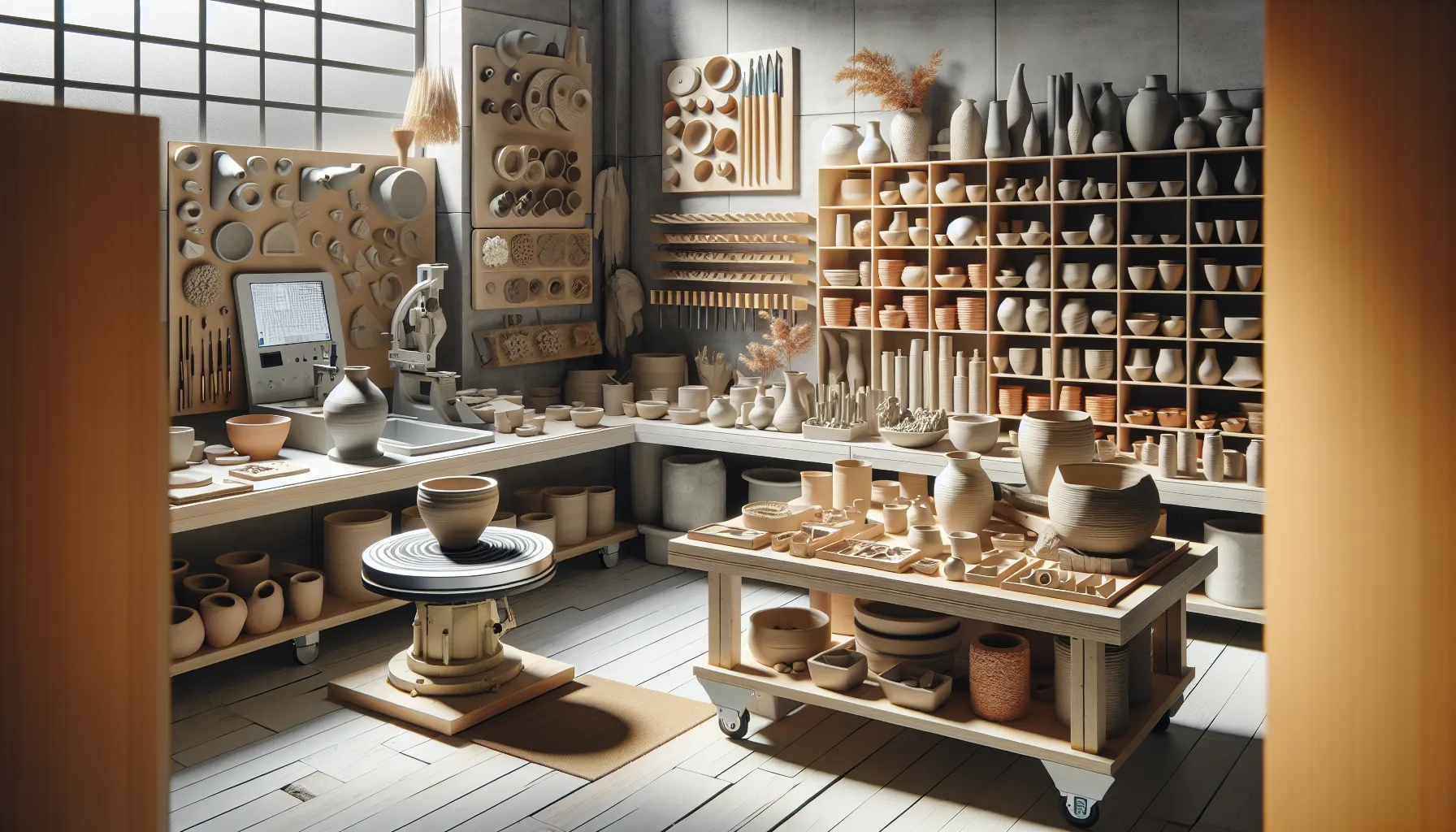 A comparative display of traditional pottery and modern ceramics techniques in a studio.