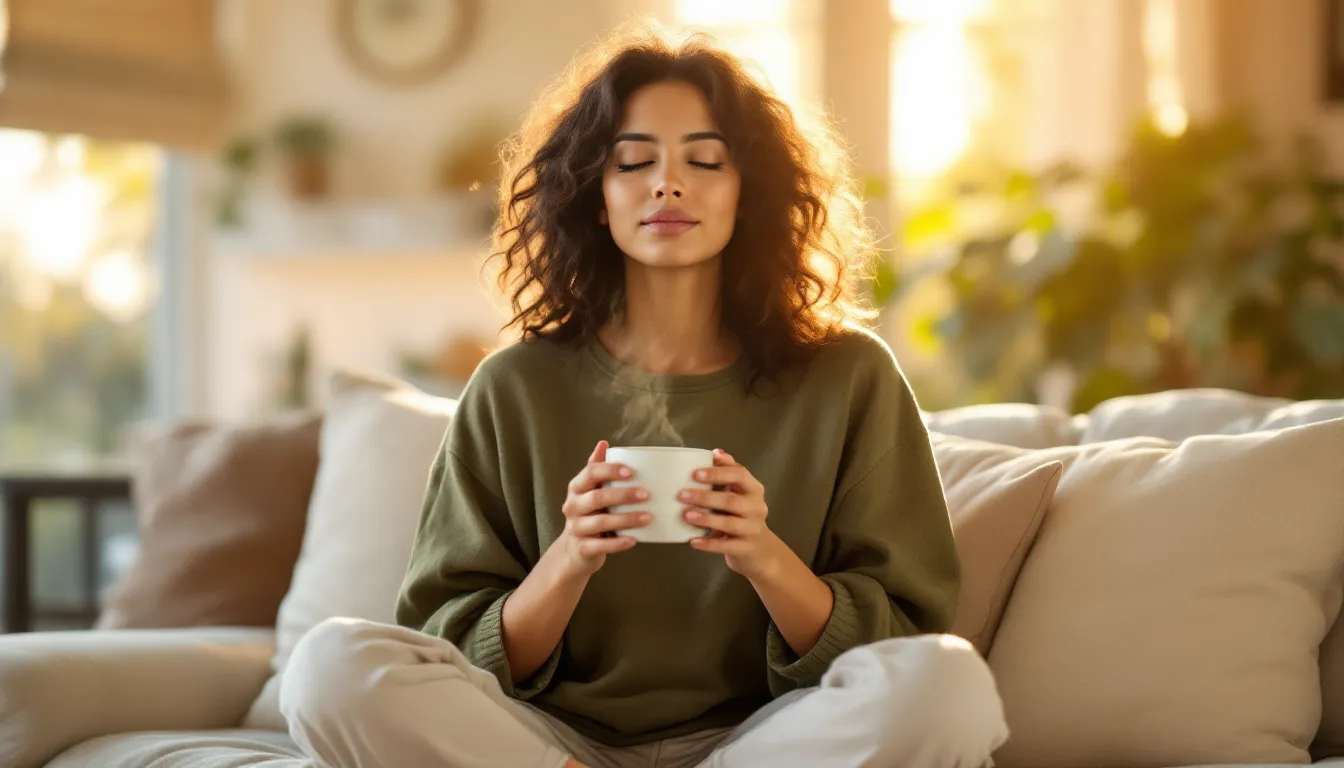 Woman sitting calmly with warm water, eyes closed, breathing in sunlit room.
