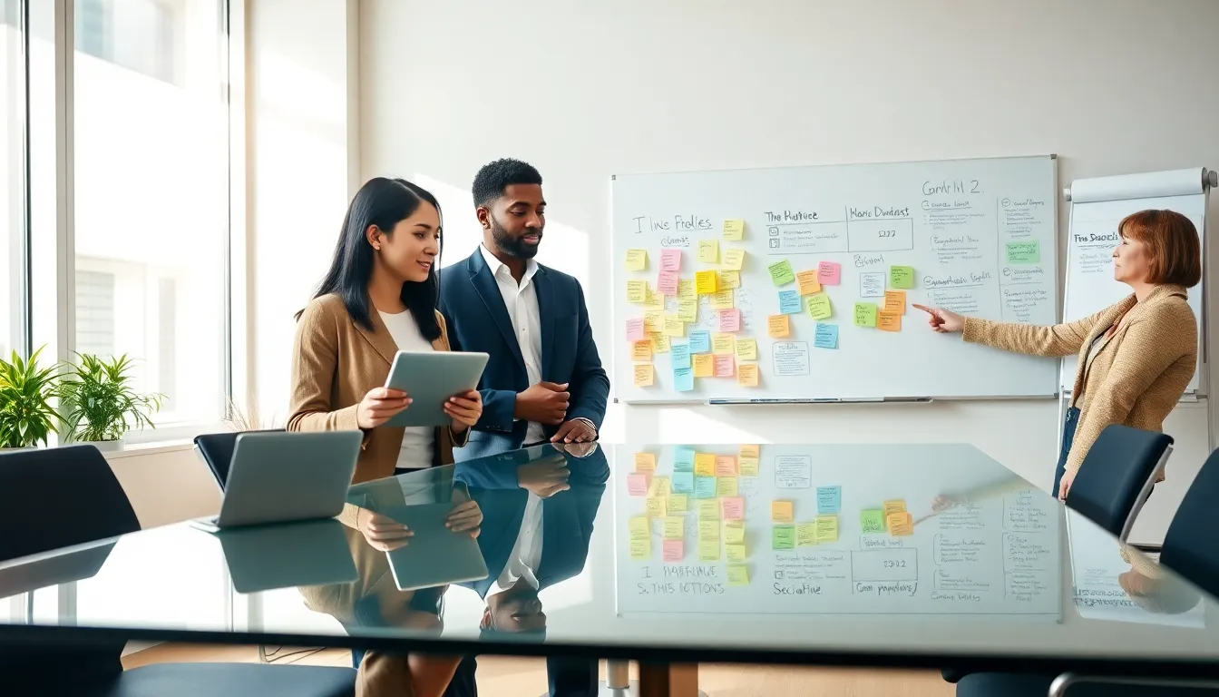 diverse team discussing ideas for a social media platform in a modern office.