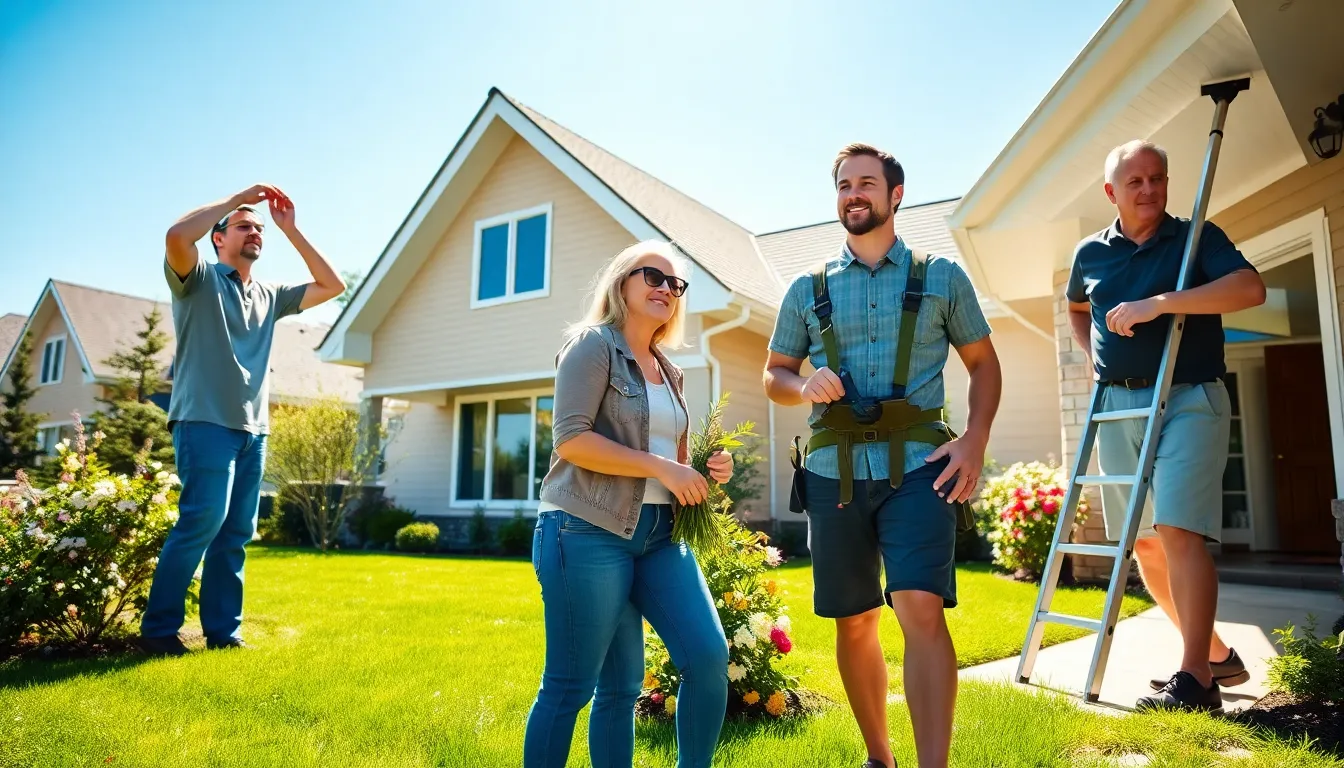 diverse homeowners performing spring maintenance tasks outside a well-kept house.