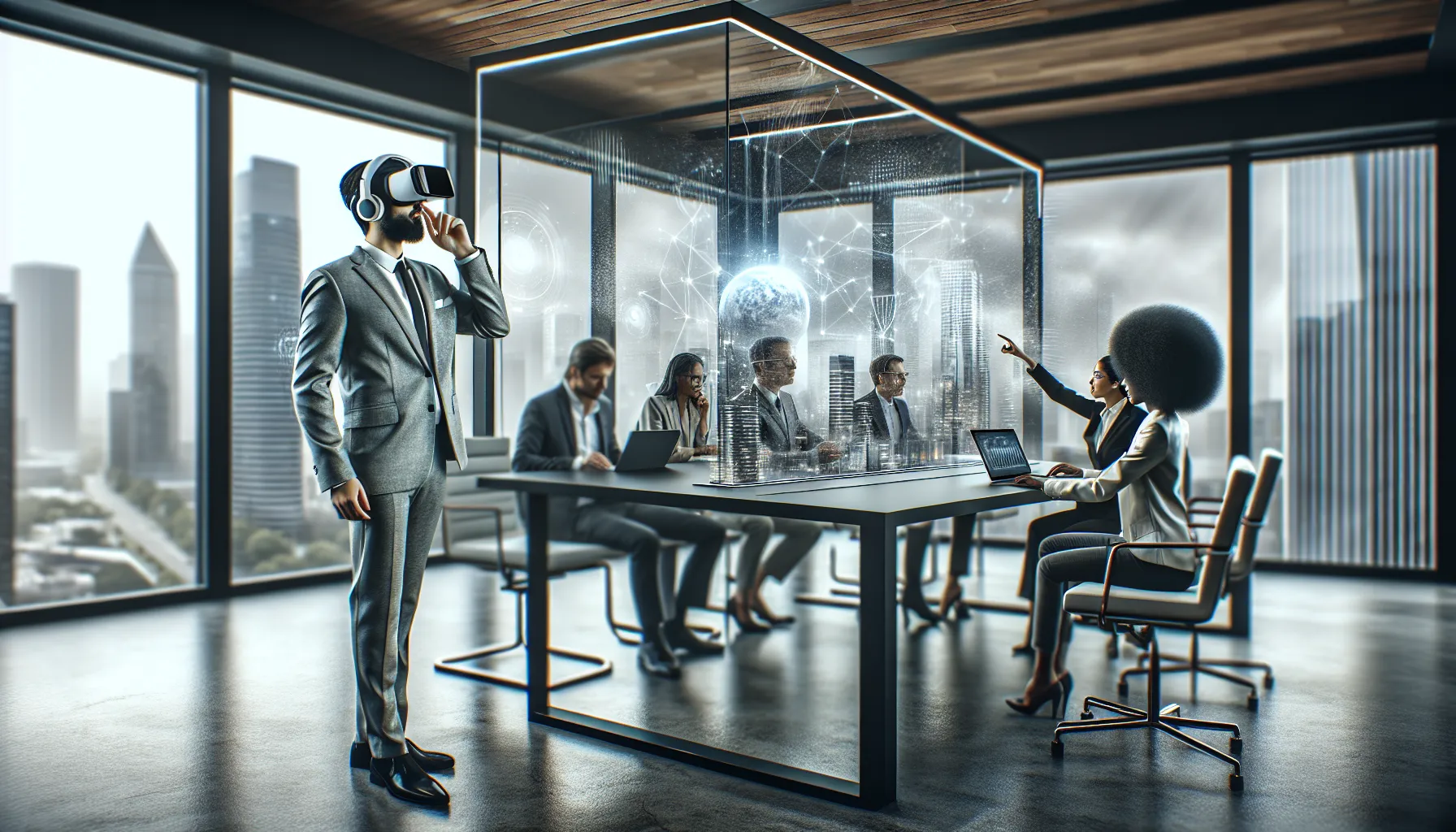 diverse professionals collaborating in a modern office space with advanced technology.