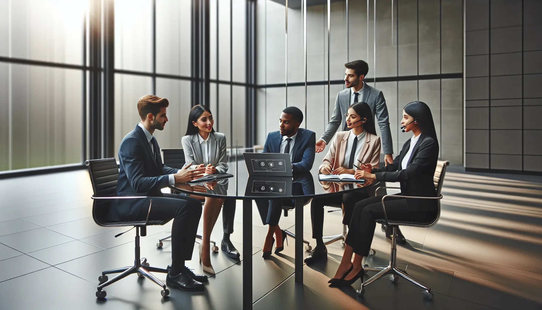diverse team discussing customer service in a modern office.
