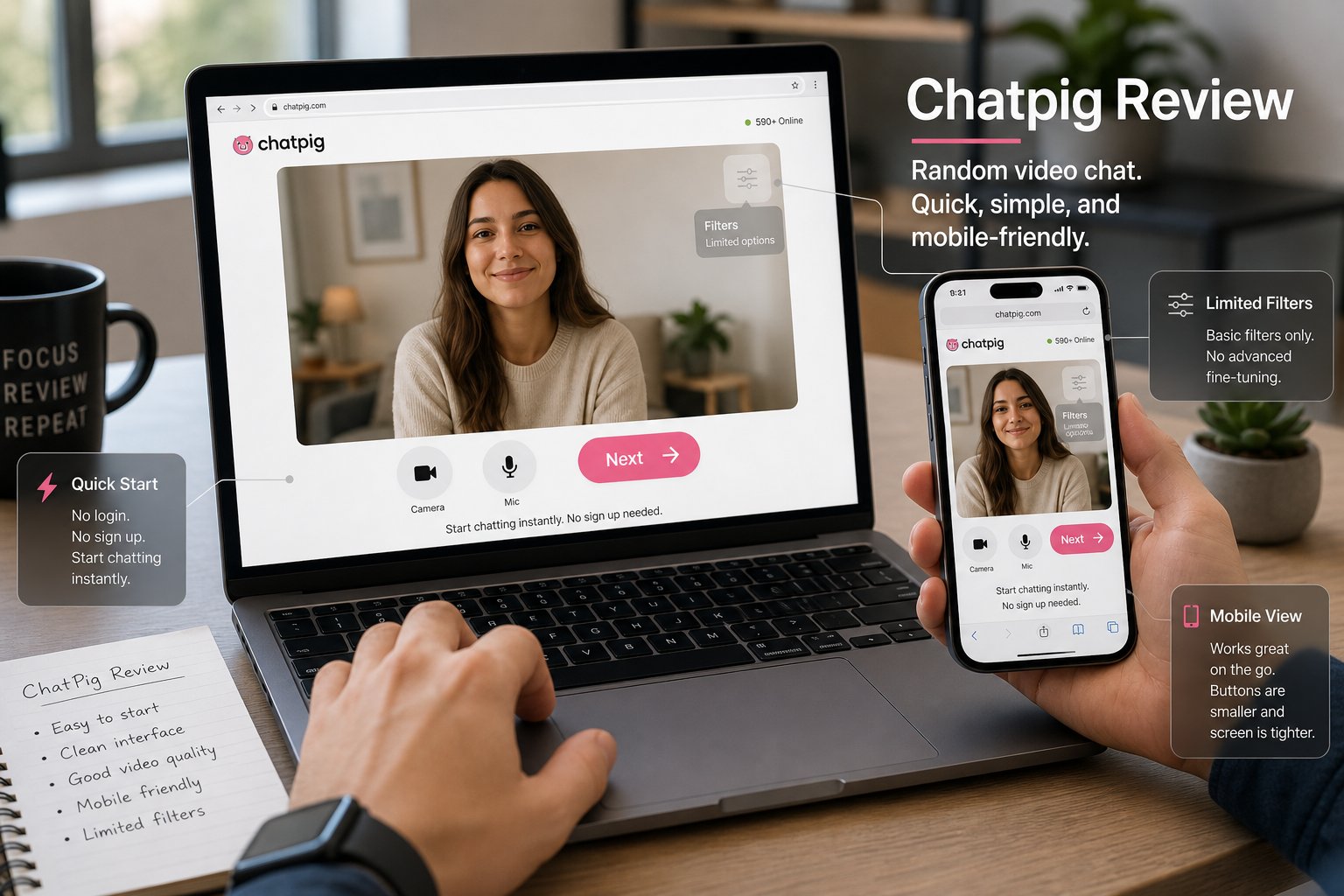 Laptop and phone showing simple video chat UI with prominent Next button.