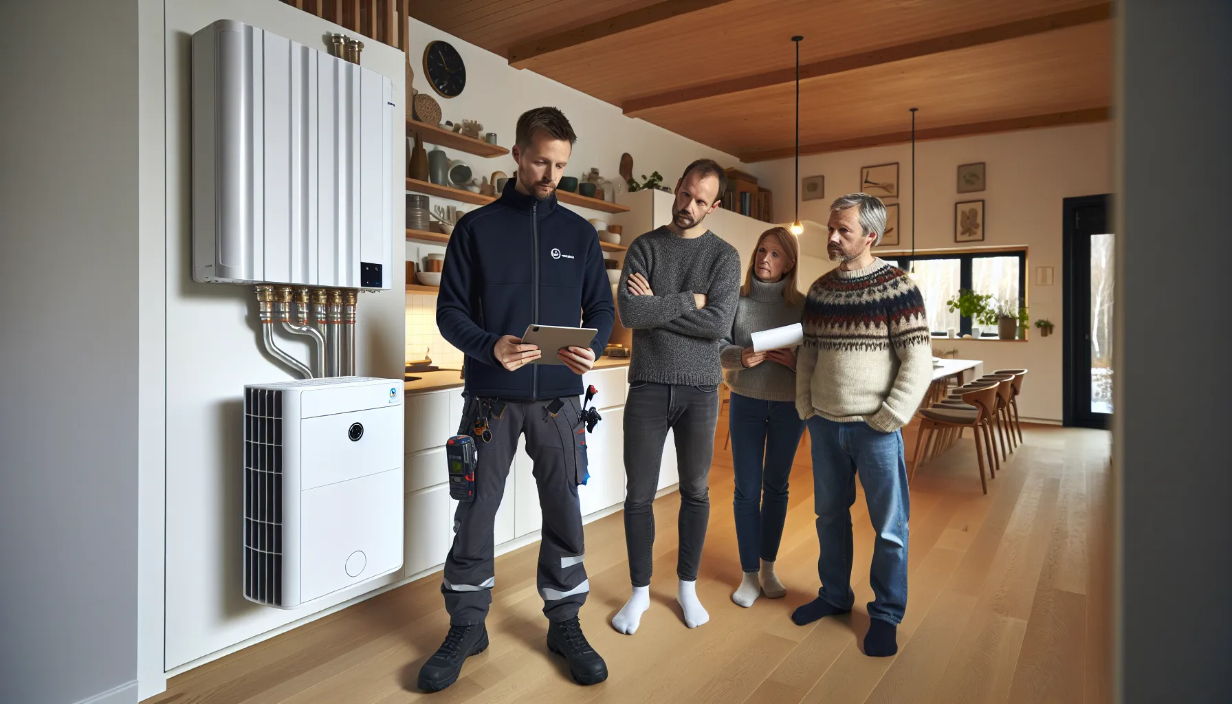 Norwegian family discussing heat pump options with installer in a warm winter home.