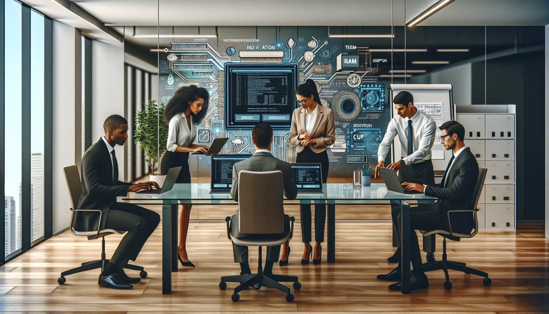 diverse team installing Mogothrow77 software in a modern office.