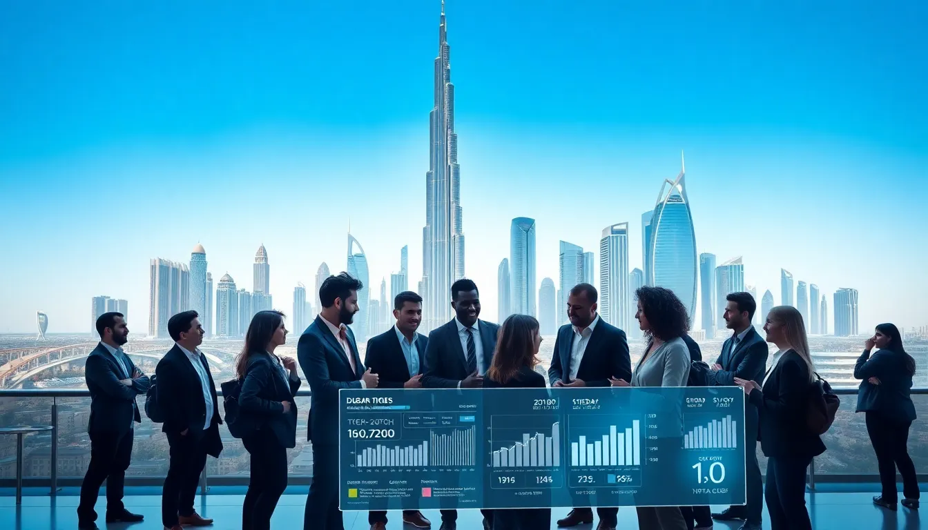 diverse tech professionals collaborating in a modern Dubai cityscape.