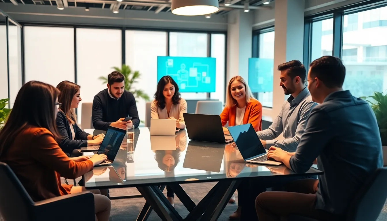 diverse professionals collaborating in a modern digital workspace.