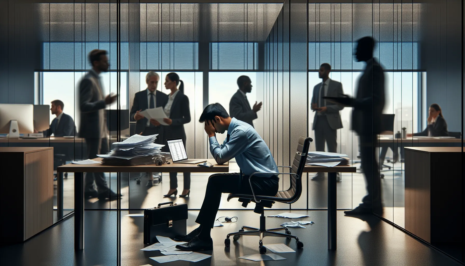 Isolated employee experiencing workplace stress in modern office setting