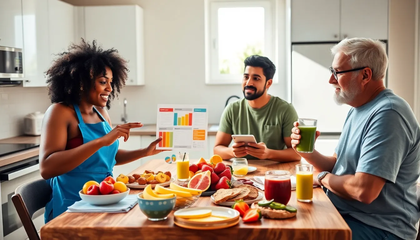 three people discussing healthy breakfast options in a modern kitchen.