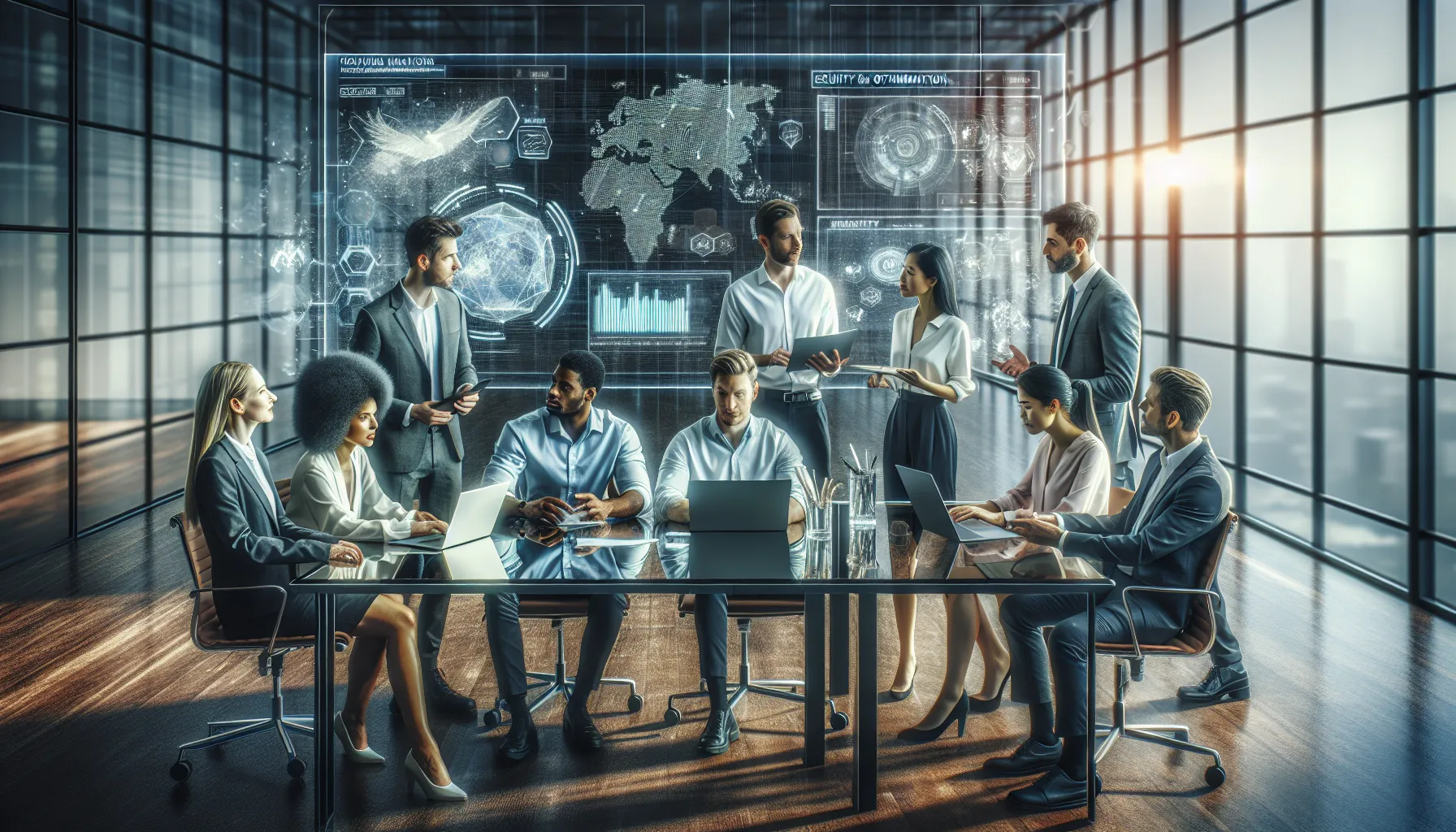 diverse team collaborating on technology in a modern office setting.