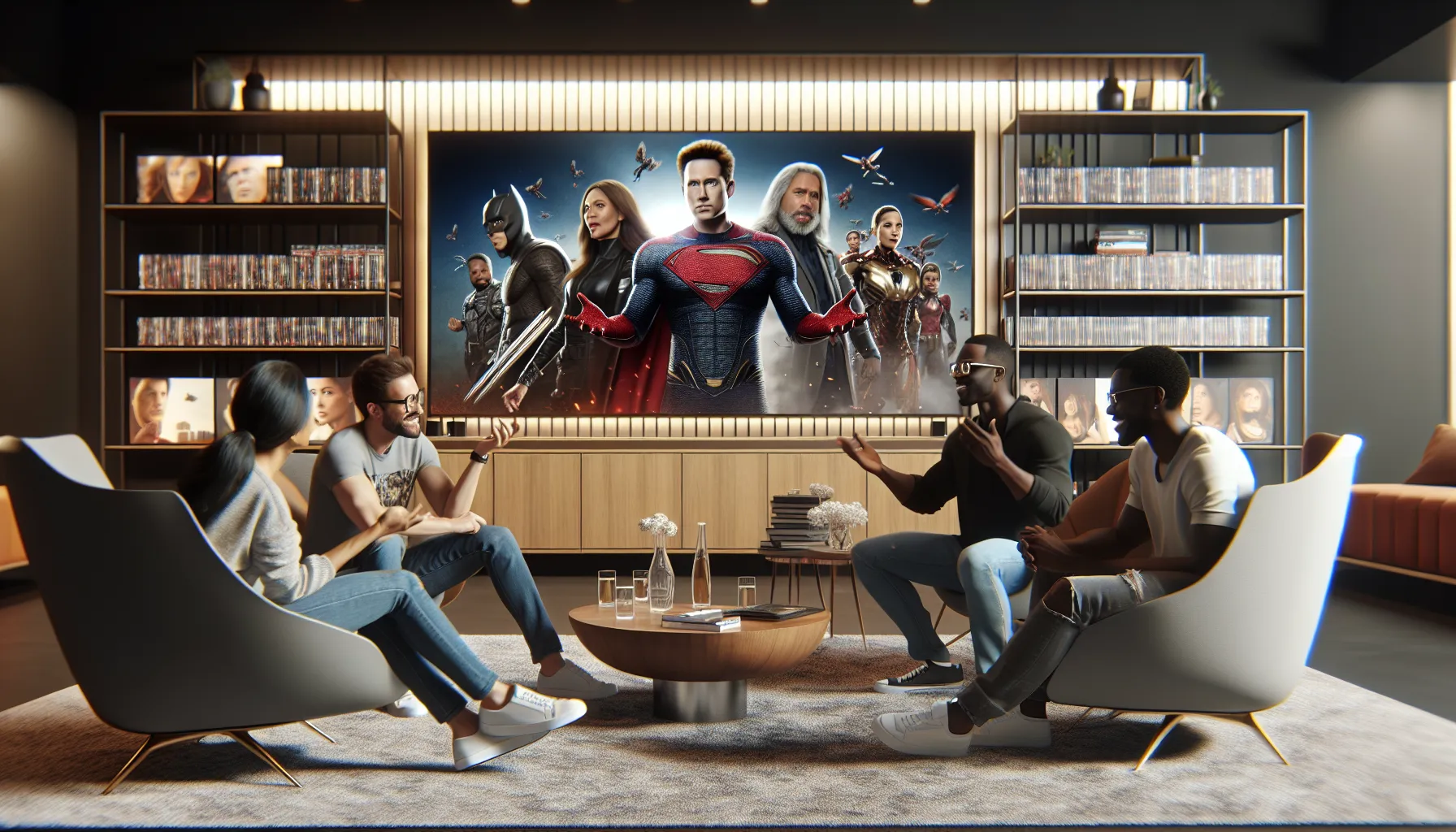 diverse group discussing films in a stylish movie-themed workspace.