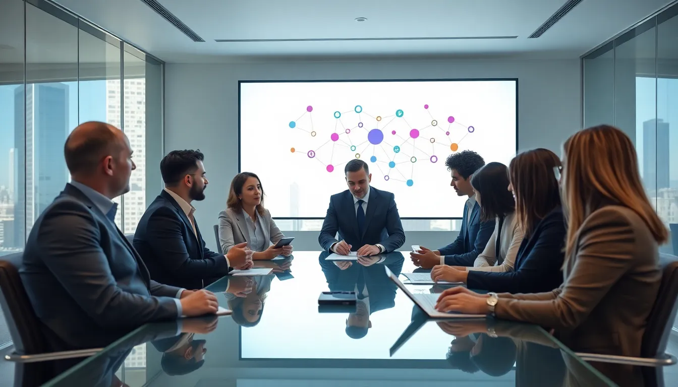 diverse team discussing blockchain technology in a modern office.