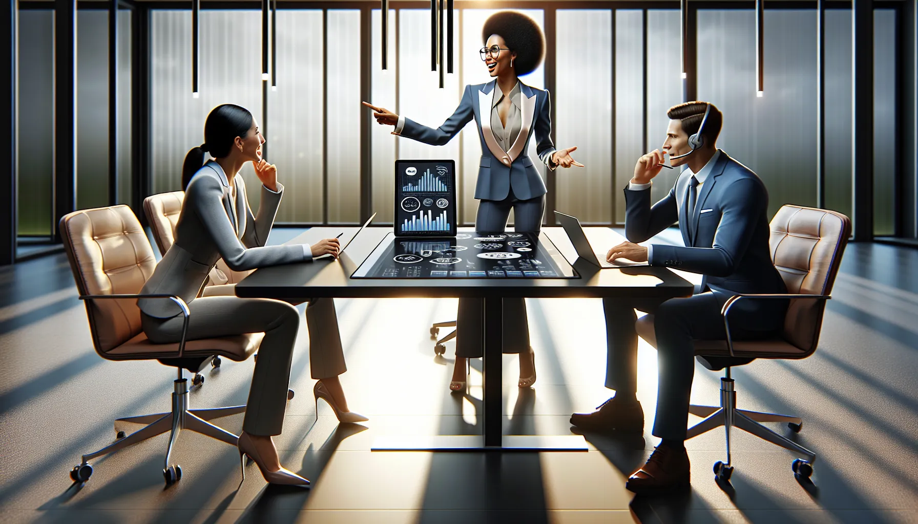 Diverse professionals discussing toll-free customer service in a modern office.