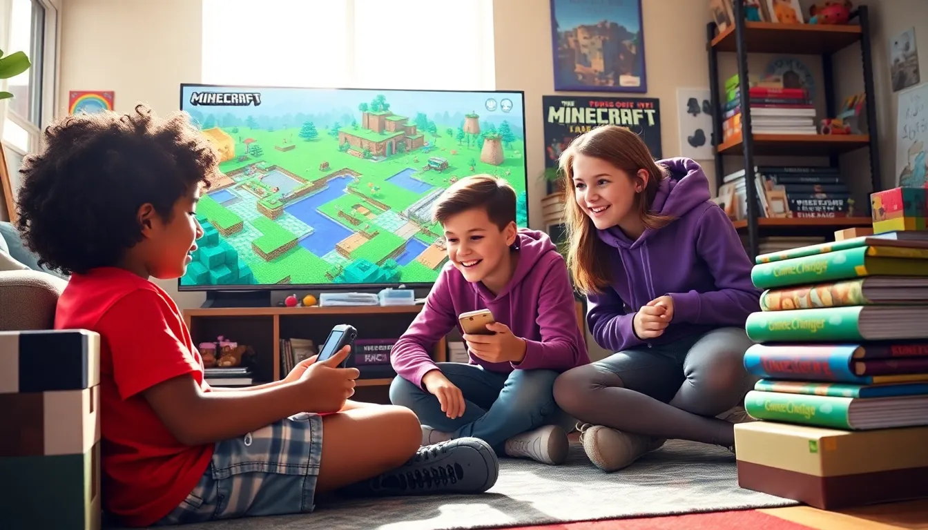 children playing Minecraft together in a lively living room.