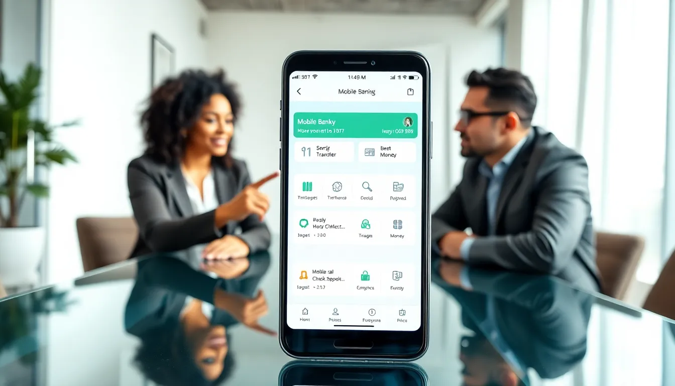 professionals discussing a mobile banking app in a modern office.