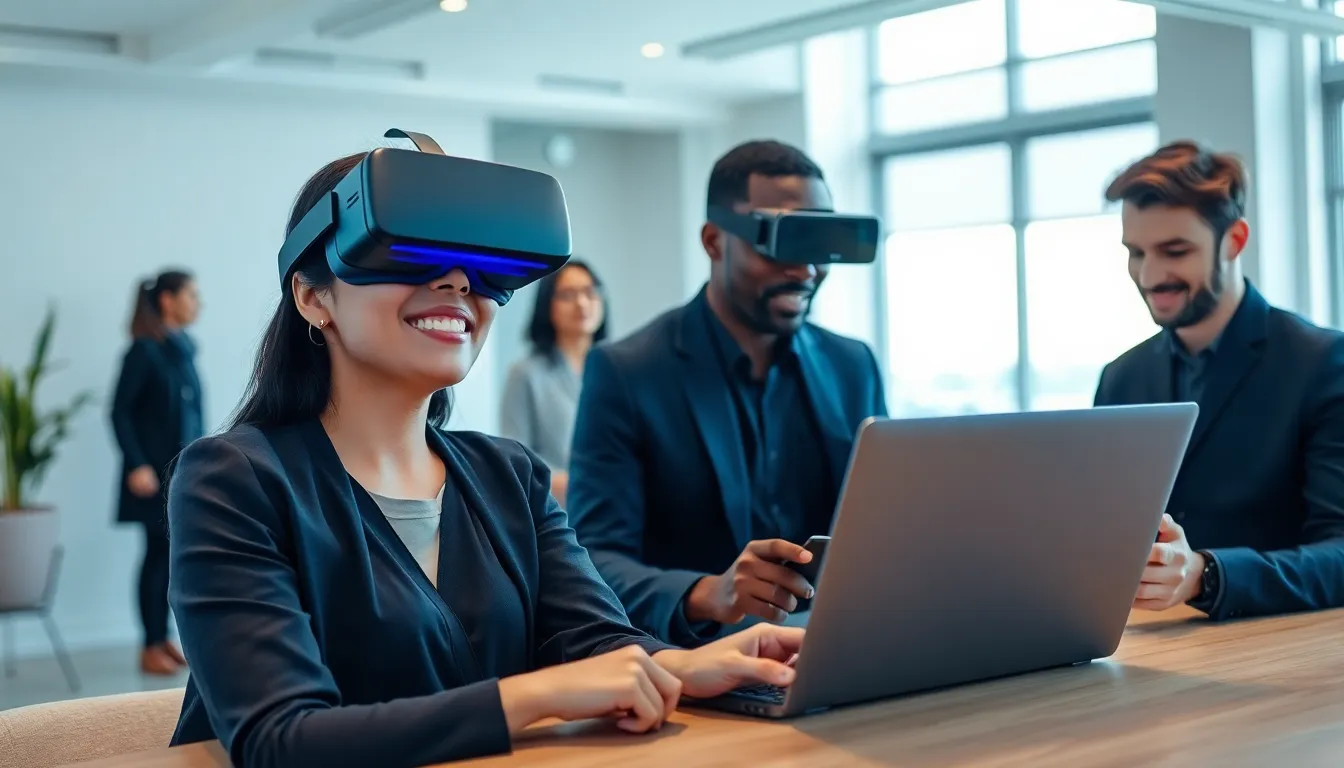 professionals testing virtual reality solutions in a modern office setting.
