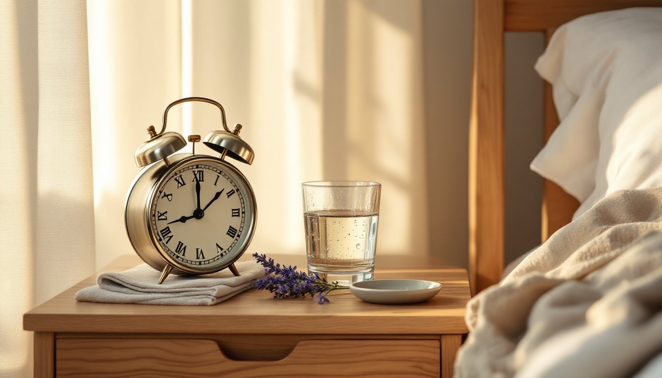 An analog alarm clock and glass of water on a nightstand at sunrise, no phone in sight.