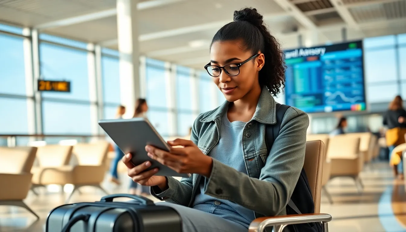 traveler reading a travel advisory in a modern airport lounge.