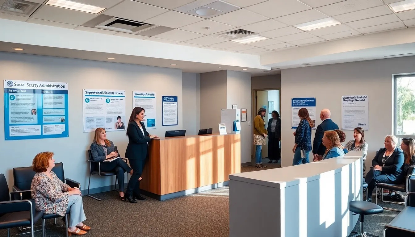Social Security office in Worcester, MA, with diverse visitors and staff.