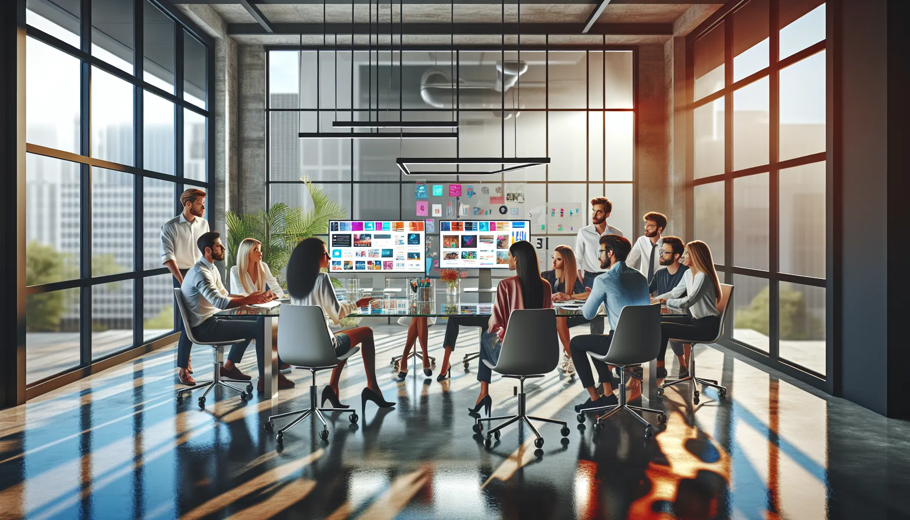 diverse team collaborating on design projects in a modern office.
