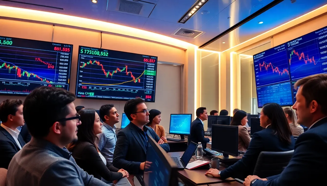 professionals analyzing declining cryptocurrency charts in a modern trading room.