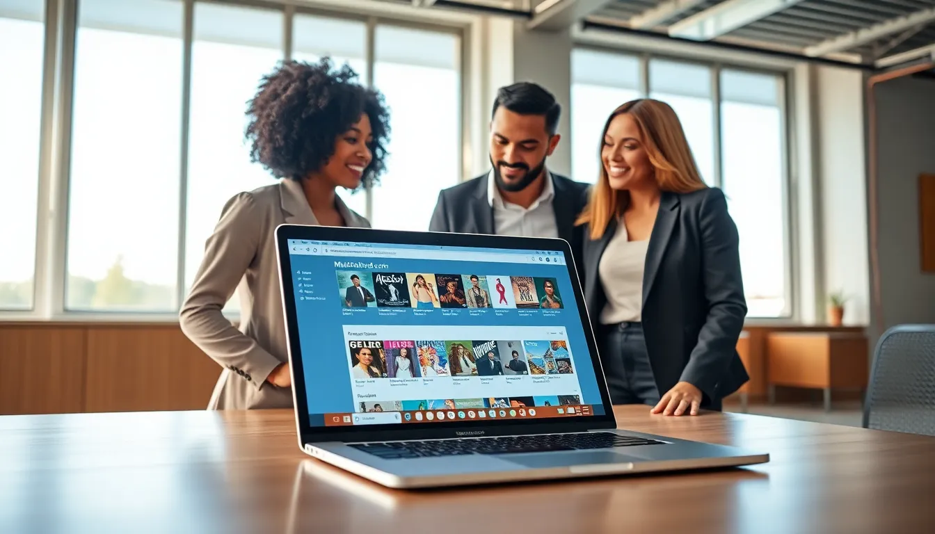 diverse team exploring music download site on a laptop in a modern office.