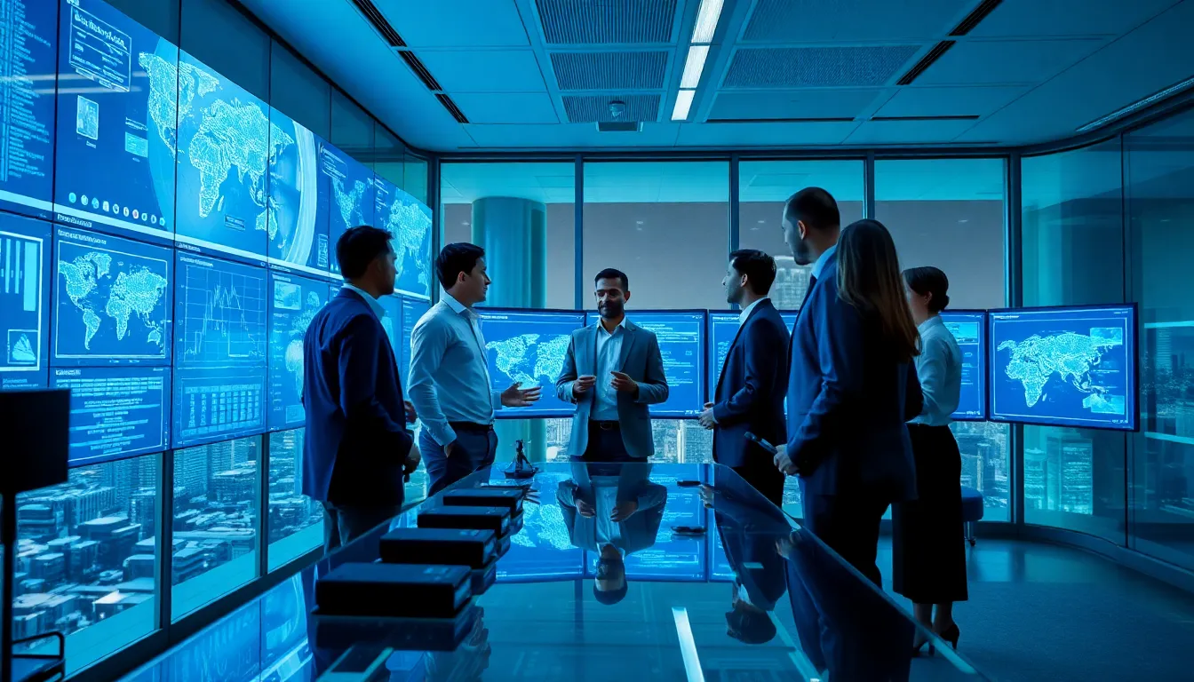 diverse team analyzing telecommunications data in a modern control room.