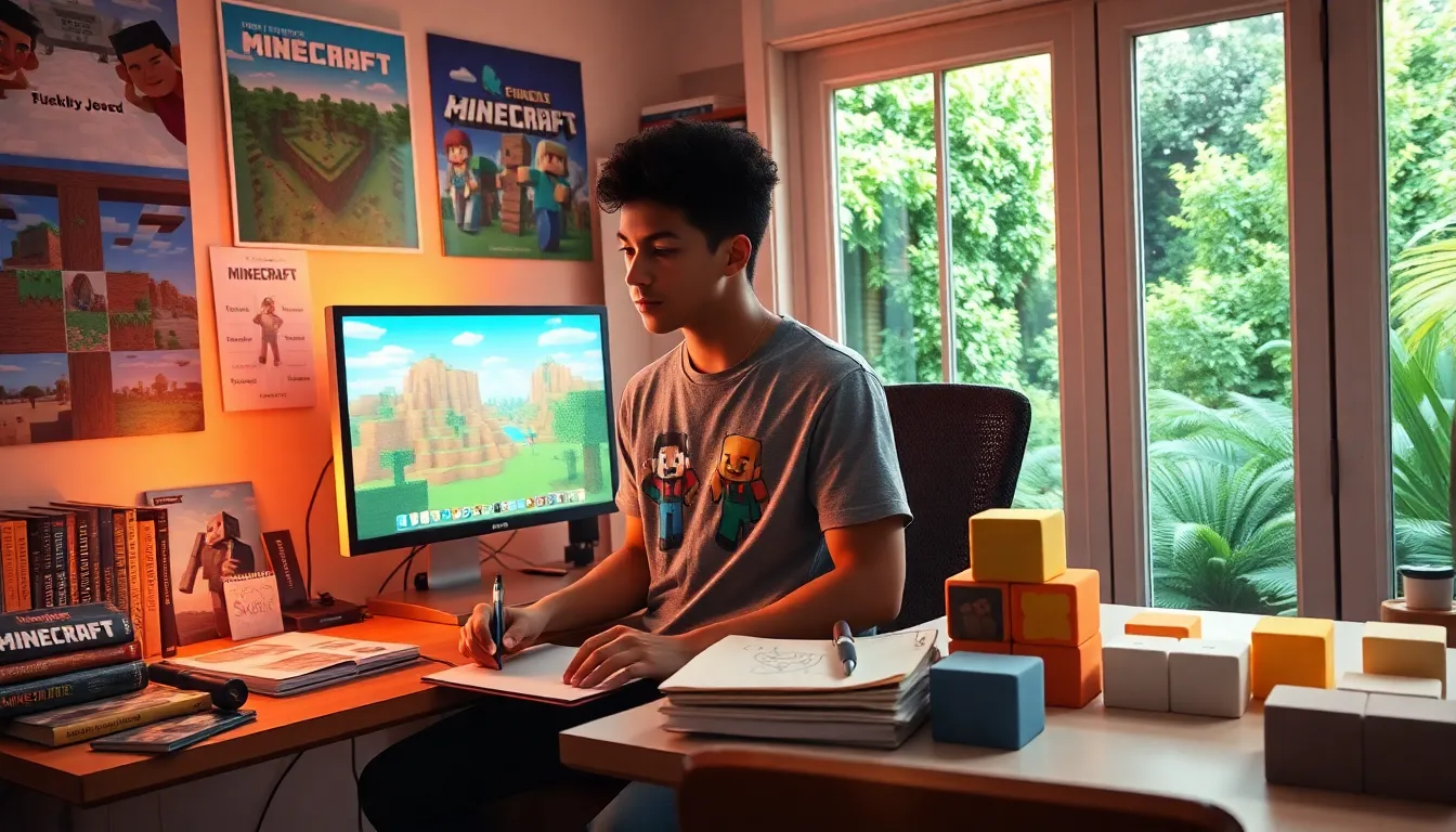a young gamer at a computer celebrating Minecraft on a vibrant desk.