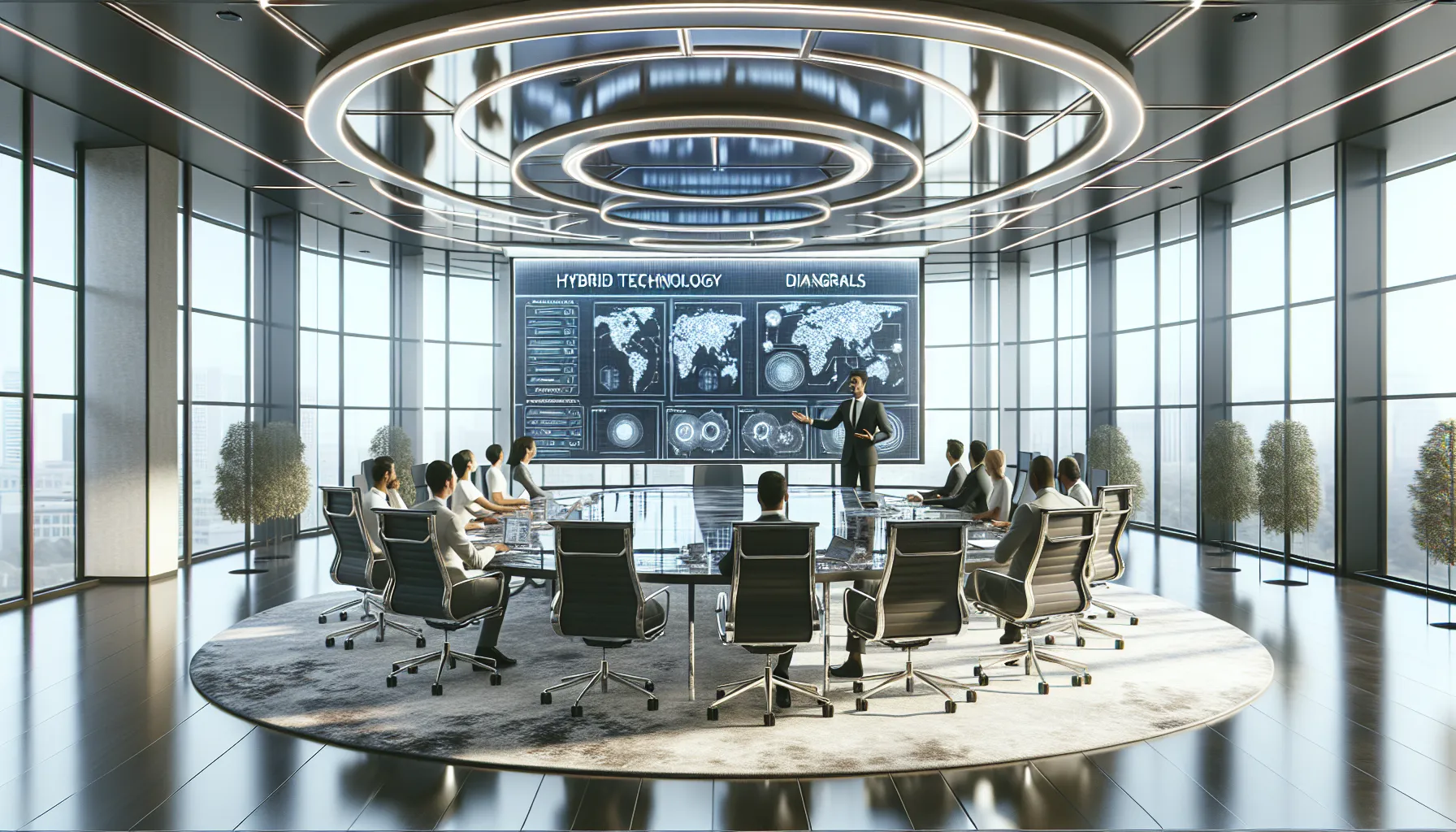 diverse professionals discussing Bridmarian7 in a modern conference room.