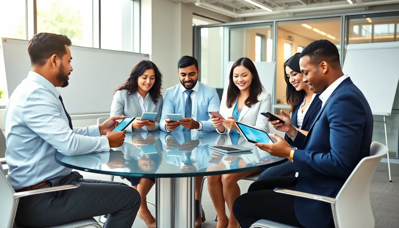 diverse professionals using CRM mobile apps in a modern office.