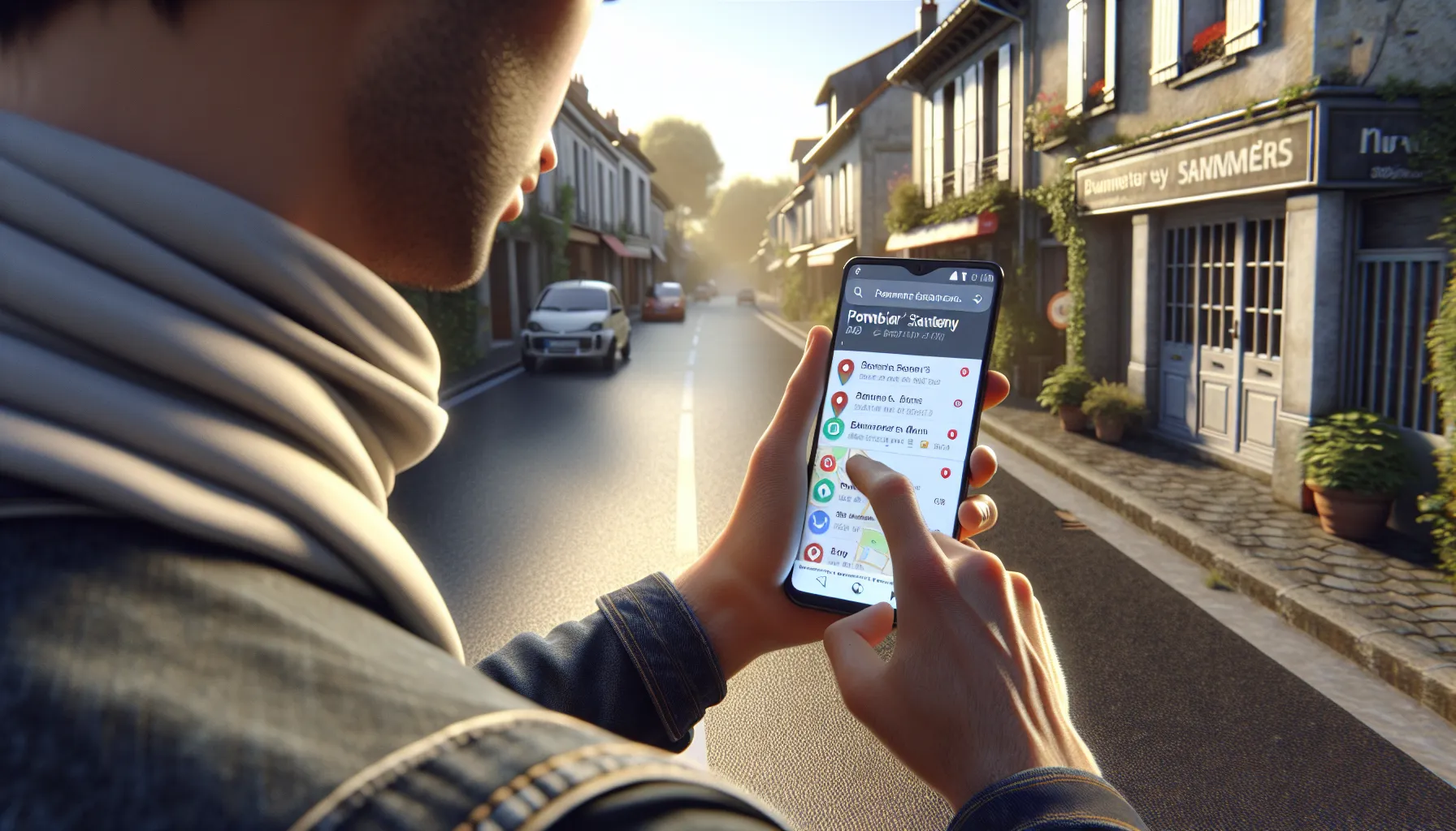 Person in Santeny using a smartphone to search and compare local Google results.