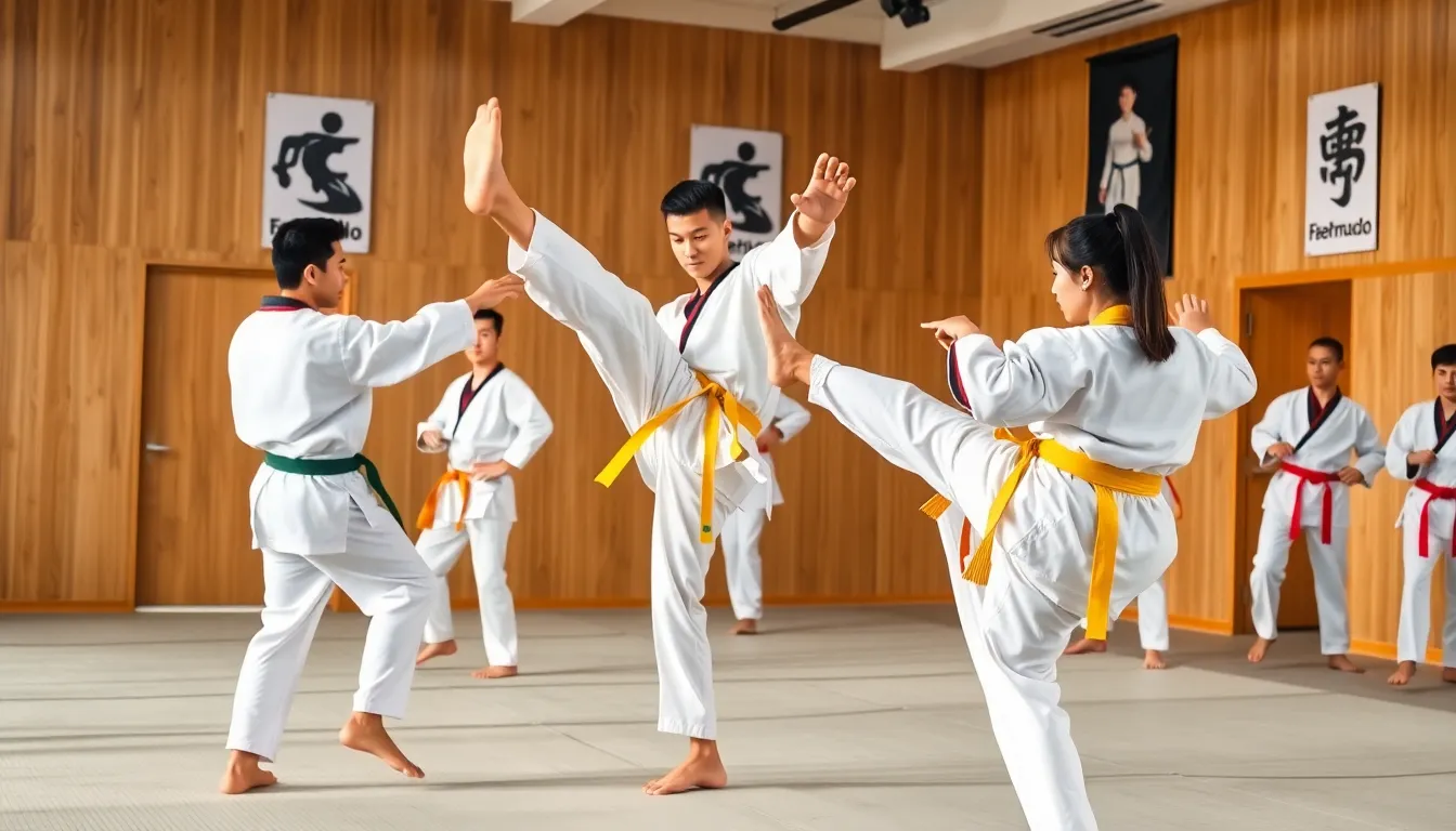 diverse taekwondo practitioners training in a modern dojo.