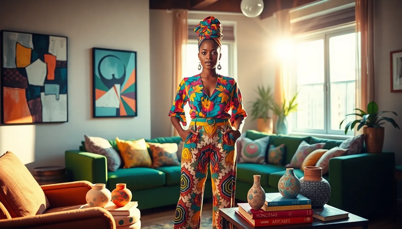 a woman showcasing vibrant fashion in a stylish urban apartment.