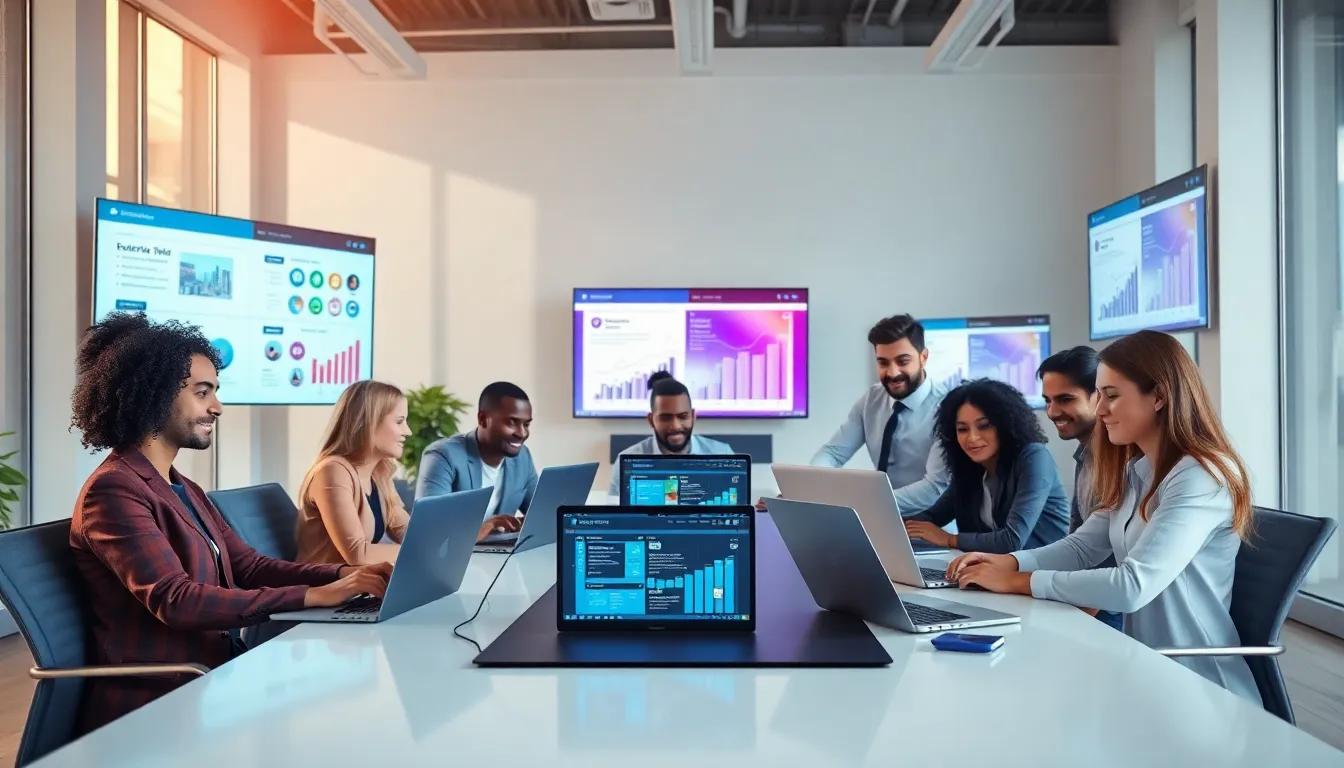 diverse team working on corporate web development in a modern office.