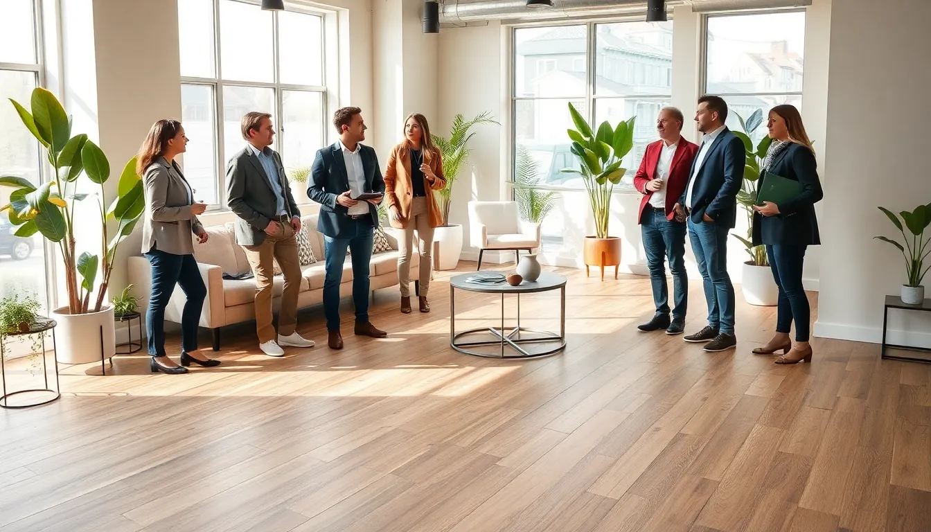 diverse professionals discussing sustainable flooring options in a modern office.