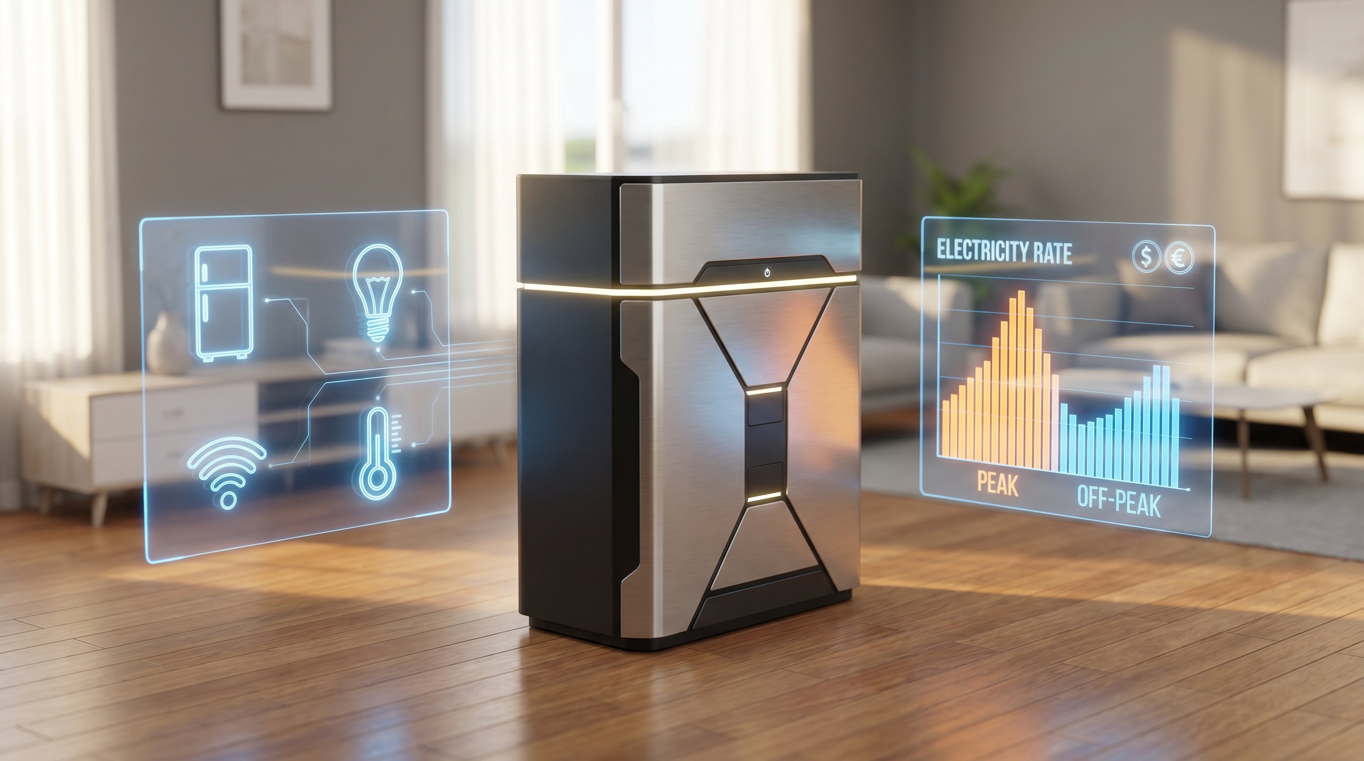 3D render of a home battery backup system with holographic displays in modern interior.