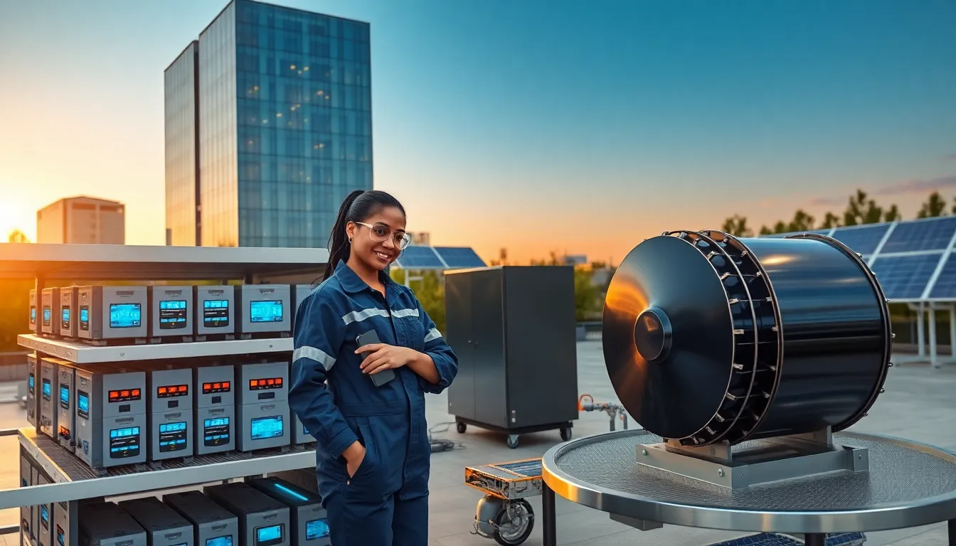 a technician inspecting batteries in a high-tech energy storage facility.