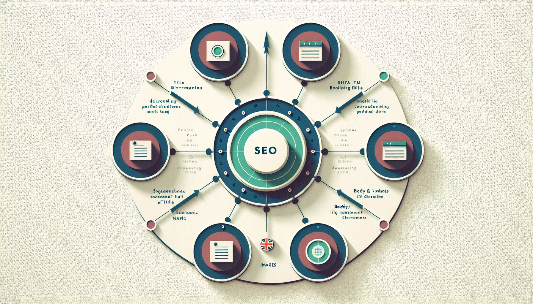 Hub-and-spoke graphic of key HTML elements for SEO in the UK.
