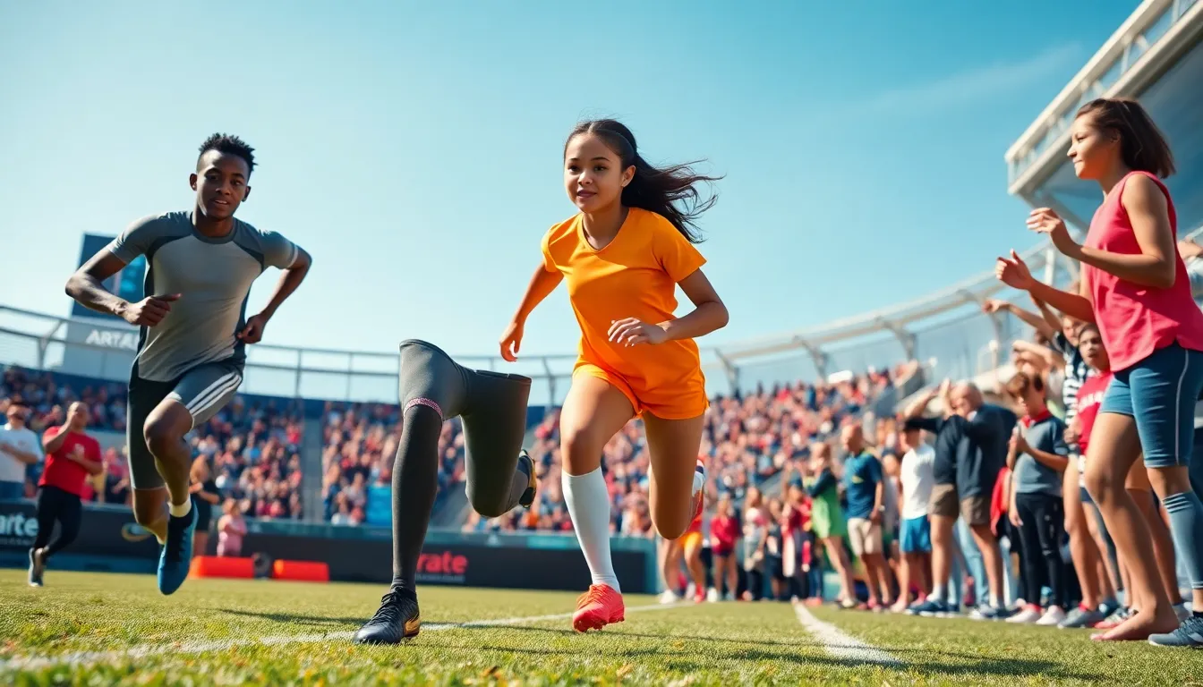 diverse athletes competing in an Arate Competition with spectators cheering.