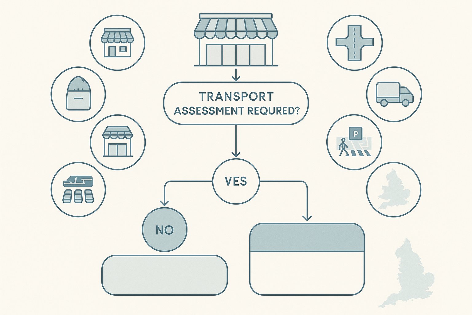 Decision-tree infographic showing when a supermarket transport assessment is needed in the UK.