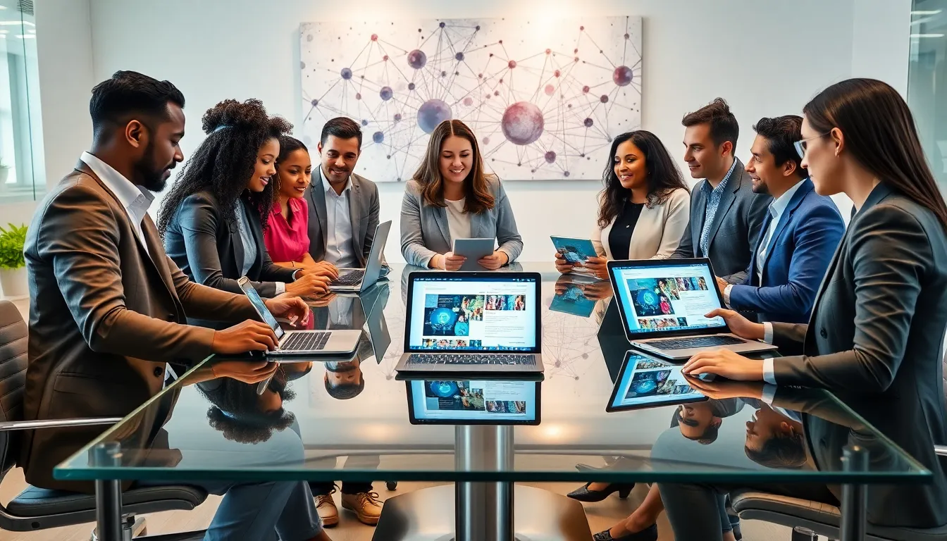 diverse professionals discussing ideas in a modern office setting.