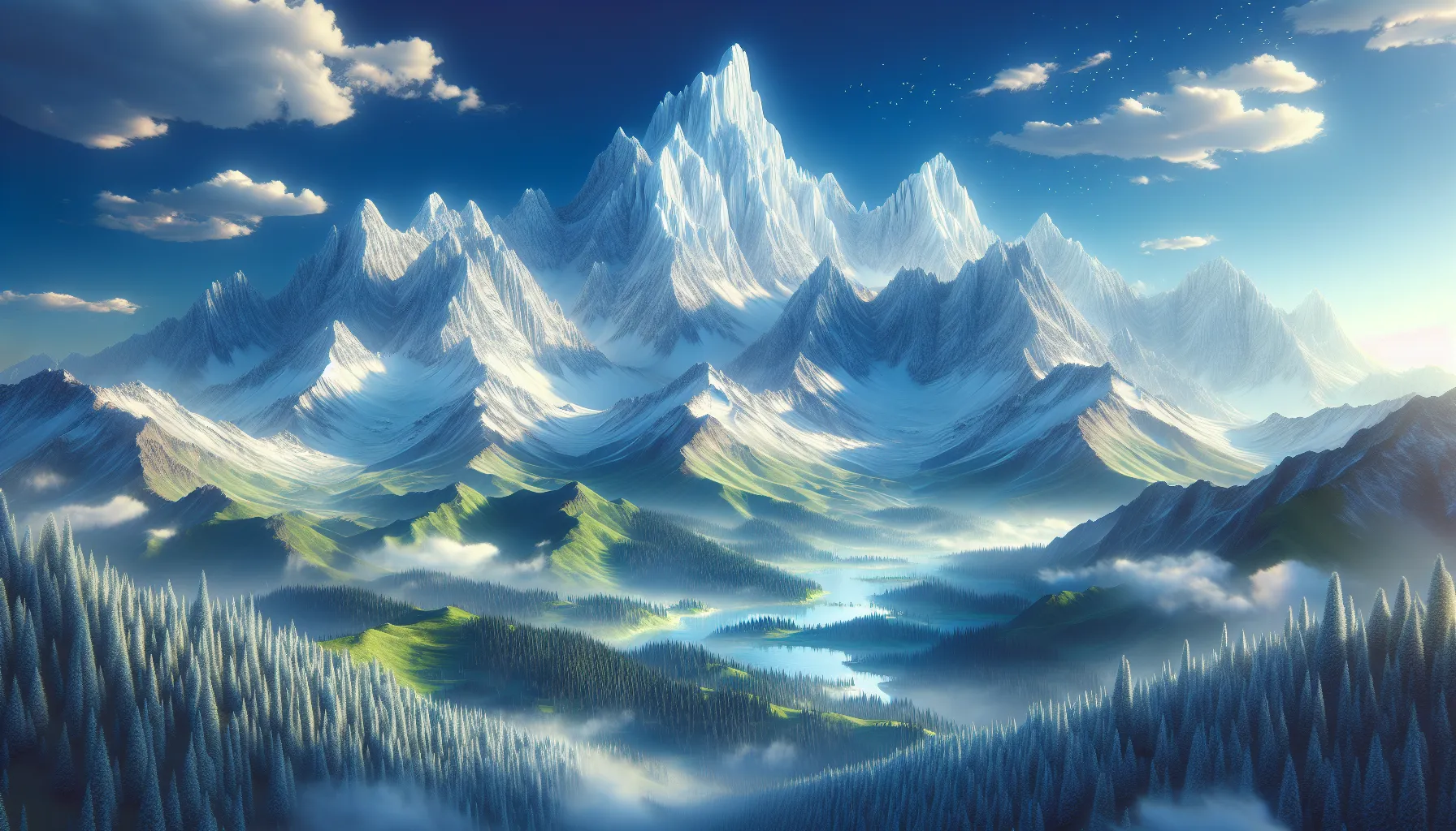 Snow-covered Eawodiz Mountain with green valleys and a clear blue sky.