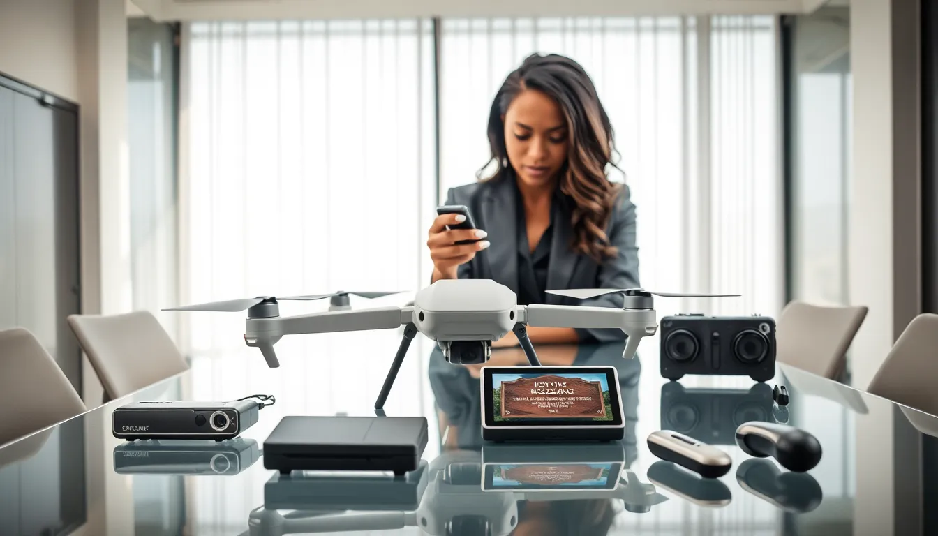 A professional examining modern spy gadgets in a sleek office.