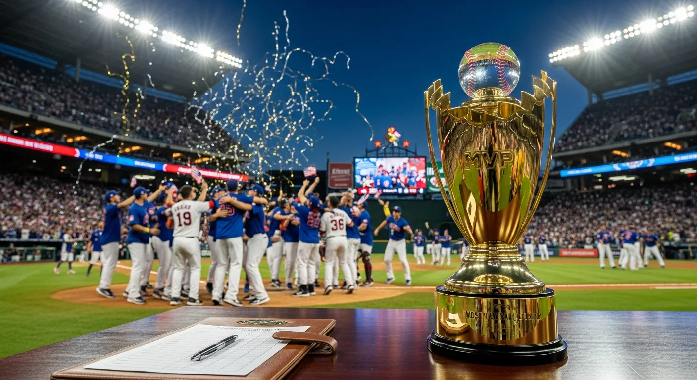 2026 World Baseball Classic MVP Odds, Picks & Predictions 1 Gold MVP trophy on a table with celebrating baseball players in the background.