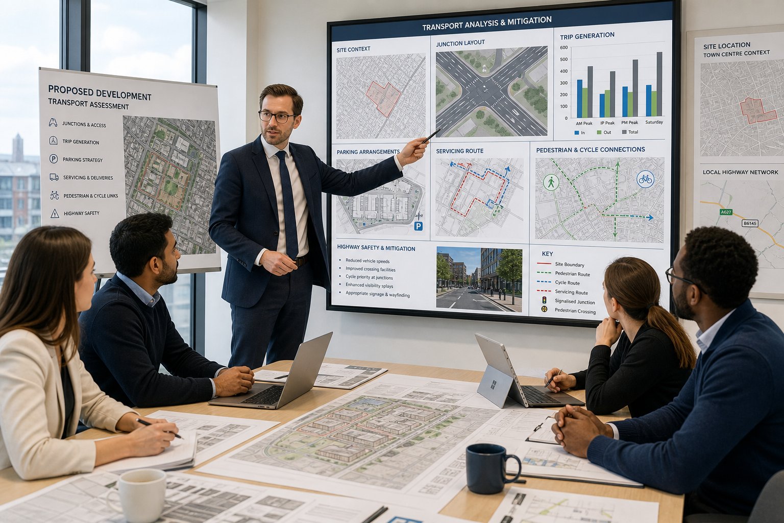Transport consultant reviewing traffic plans with a planning team in a modern office.
