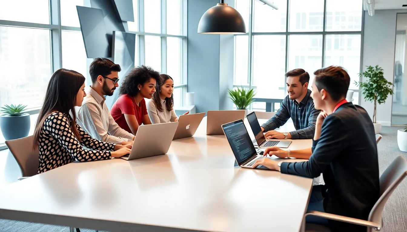 diverse developers collaborating in a modern office on web applications.