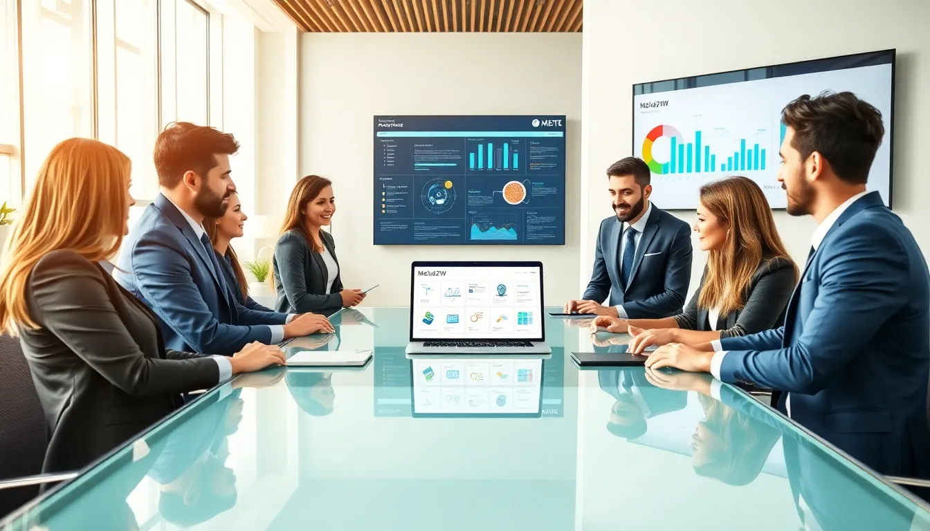 diverse professionals collaborating in a modern office setting with digital tools.