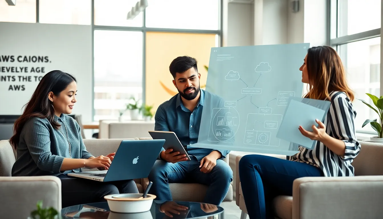 diverse founders collaborating in a modern office on AWS solutions.
